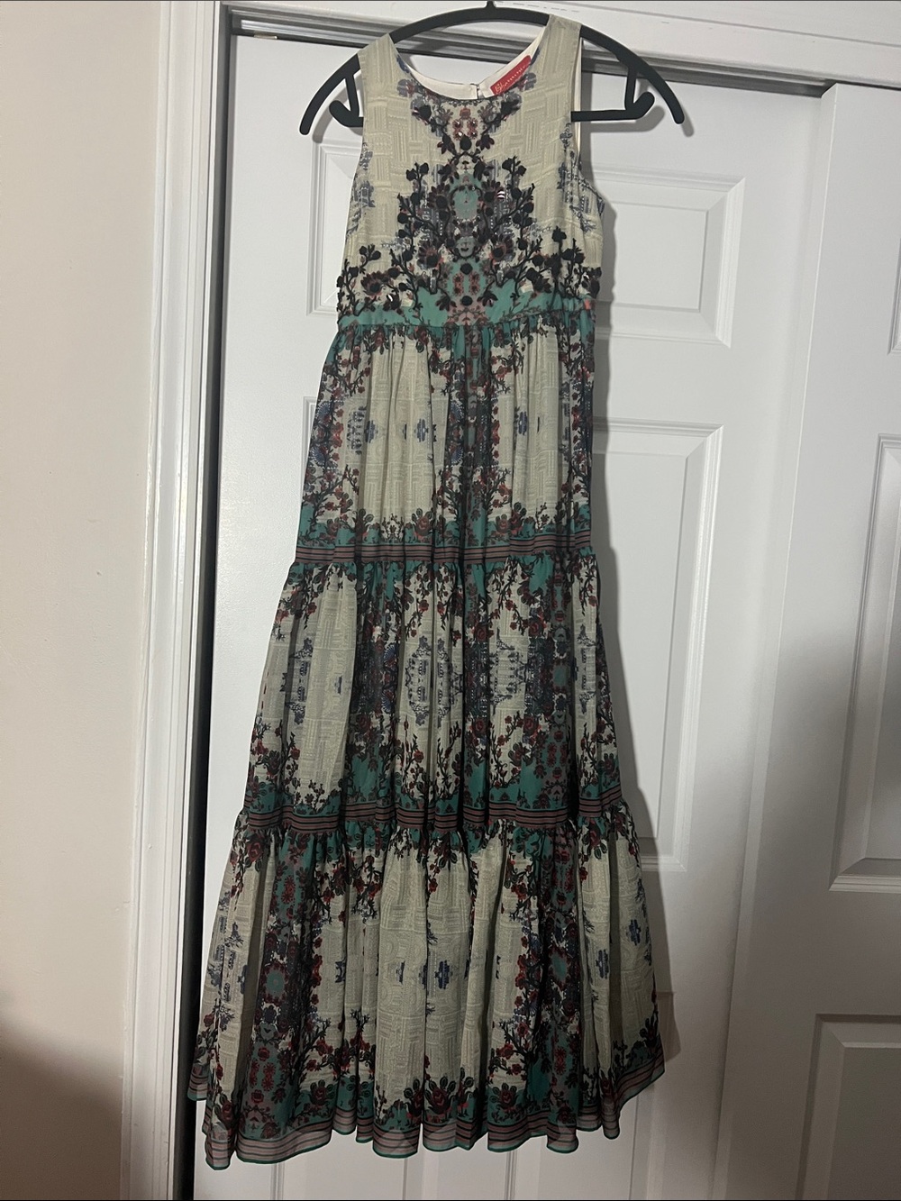 Anthropologie Cream Maxi Dress with Teal & Burgundy Floral